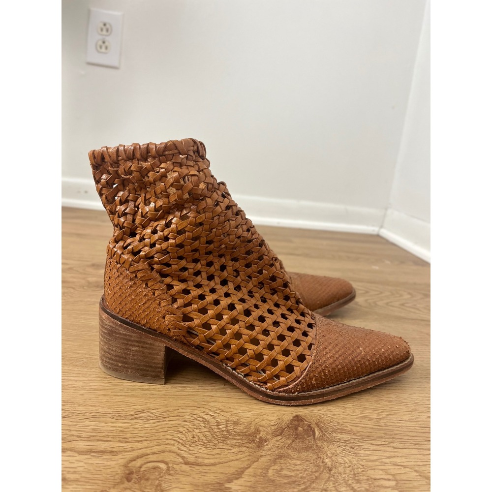 Free People Boho Woven Leather Ankle Boots Women 37 Tan Pointed Toe‎ Block Heel - Picture 3 of 12